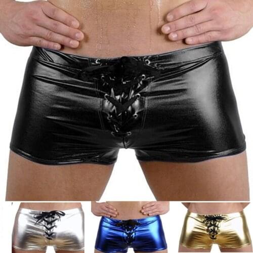 Mens faux leather sexy underwear sexy boxer PU tight-fitting patent leather fitness shorts pole dance performance clothes XXXL
