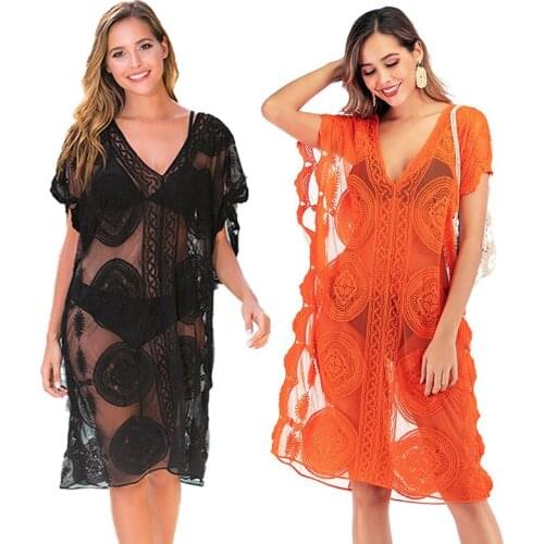New Summer Women Bikini Cover Up Black Lace Hollow Crochet Swimsuit Cover-Ups Bathing Suit De Playa Beachwear Tunic Beach Dress