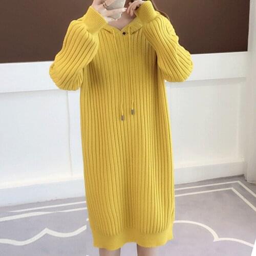 Casual Women Hooded Dresses Long Sleeve Pullovers Dress Autumn Winter Warm Knitting Sweater Dress Black Yellow Khaki Robe Femme
