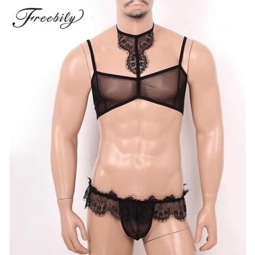 Sexy Mens See Through Sheer Mesh Lace Lingerie Set Nightwear Halter Neck Shoulder Straps Bra Top Briefs Sissy Erotic Underwear