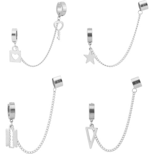 Men Women Earring Fashion Stainless Steel Ear Chain Key Lock Blade Pendant Couples Ears Clip Jewelry Gifts