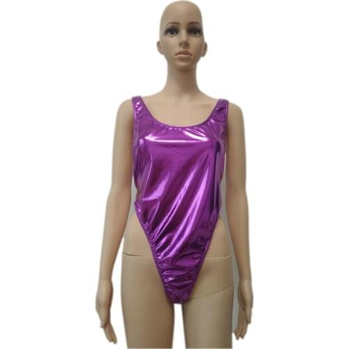Sexy Purple shiny metallic One-piece Thong Bodysuit Leotard Lingerie String Swimsuit Back hollow Bodystocking Nightclub Wear