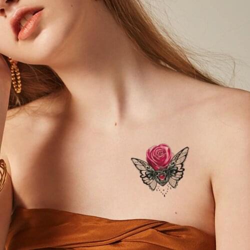 Pink Rose Women Back Tattoos Stickers Fake Waterproof Butterfly Heart Pearl Necklace Tattos Temporary Body Chest Neck Tatoos