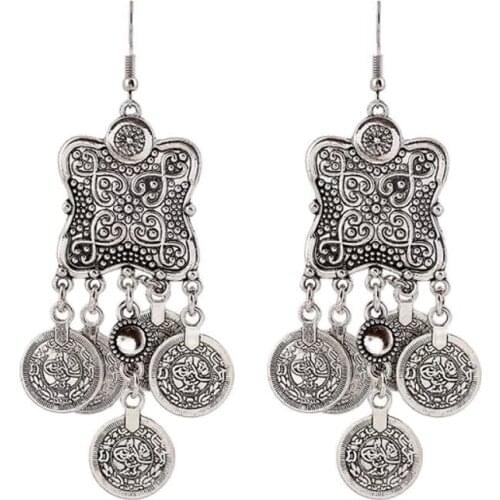Bohemian Style Carving Flower Coin Statement Dangle Drop Earring Ethnic Turkish Gypsy Beach Jewelry