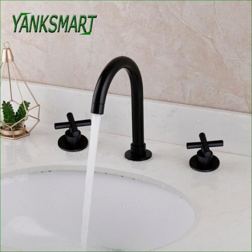 YANKSMART Matte Black Bathroom Faucet Basin Sink Deck Mounted Bathtub Faucets 3 Hole Double Handle Hot And Cold Mixer Water Tap