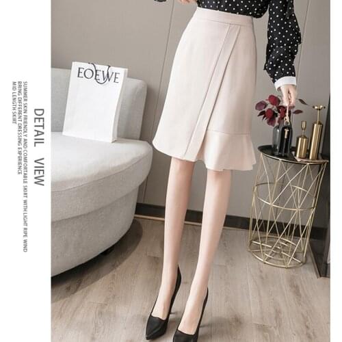 Knee-Length Skirts Women Black 2021 Falda Office Ladies Skirt High Waist Streetwear Work Wear Irregular Casual Vintage