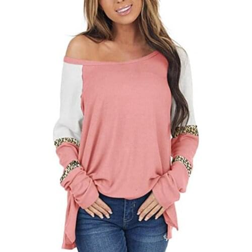 Women T-shirt Leopard Patchwork Off Shoulder Autumn Contrast Color O Neck Long Sleeve Blouse Pullover Streetwear