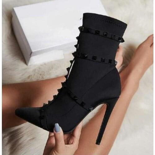 2020 new women black boots women ankle booties thin heel spike stud boots ladies point toe rives stud red boots