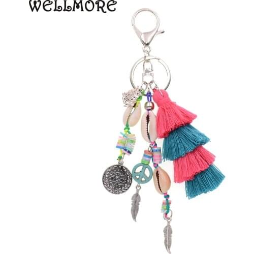 WELLMORE new handmade shell with long tassel alloy Key Chain For Women Girl Bag Keychain
