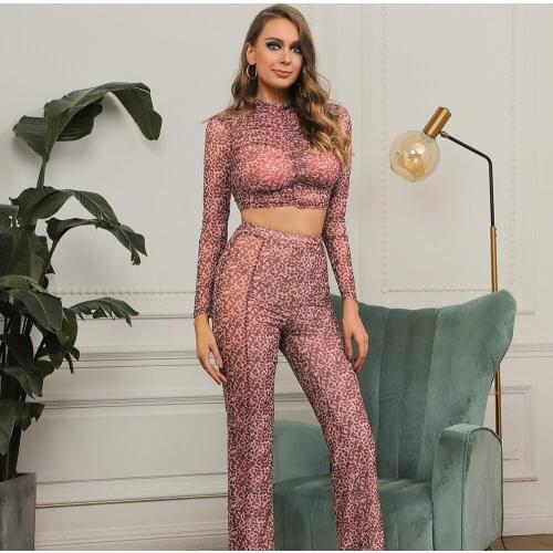 High Quality Summer Women Two Piece Set Purple Leopard O Neck Full Sleeve Short Top High Waist Flare Pants Elegant Fashion Party