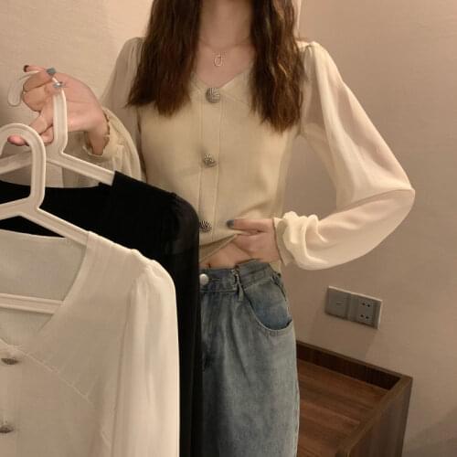 Woman Sweaters Gas V-neck Long-Sleeve Knitwear Womens Autumn Stitching Short Top