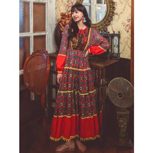 Summer Korean Ins Temperament Retro Tro Print Womens Dress Bohemia Travel Vacation Beach Ethnic Style Embroidered Long Dress