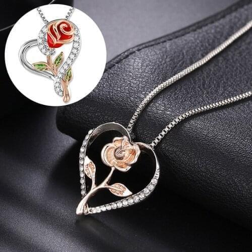 Women Alloy Crystal Rhinestone Rose Heart-Shaped Necklace New Fashion Hollow Out Rose Pendant Female Choker Wedding Jewelry