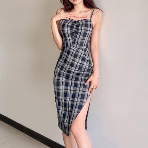 MODX 2021 Women Plaid Print Spaghetti Strap Dress Sexy Sleeveless Side Slit Party Dress Elegant Slim Waist Streetwear Long Robe