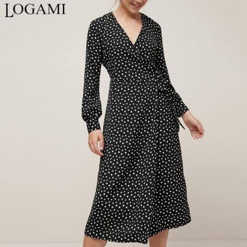 LOGAMI V Neck Lantern Sleeve Spring Dress Women 2020 New Arrival Dot Print Casual Dresses Womens Patrty Dress