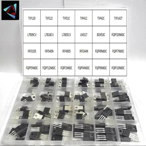 120PCS 24 Values IRF3205 L7805CV LM317 TIP120 IRF540N TIP122 TIP142T IRFZ44N FQPF10N60C TO-220 New and Original IC Chipset