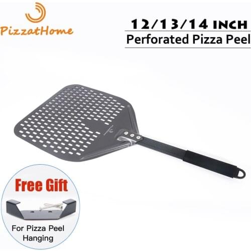 PizzAtHome 14/12 Inch Perforated Pizza Peel Rectangular Pizza Shovel Aluminum Hard Coating Pizza Peel Paddle Short Pizza Tool