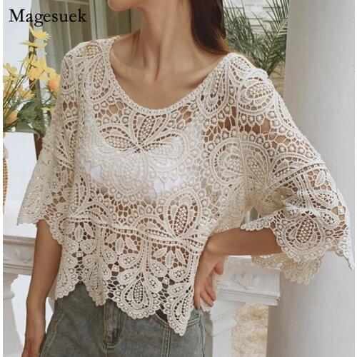 2021 Summer Hollow Out Lace Shirt Women Hook Flower Loose Top Female Short Sleeve Woman Blouses Sunscreen Shirts blusas 14127