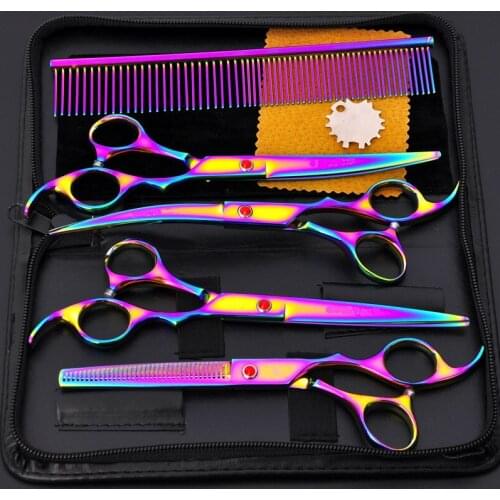 Stainless Steel 5pcs Pets Grooming Scissors Curved Dogs Grooming Shears 7.0 Inch Thinning Shear Sharp Edge Scissors Suit