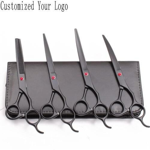 7" Customized Logo Black Stainless Dog Grooming Scissors Cutting Shears Thinning Shears Up&Down Curved Scissors Pet Shears C3100