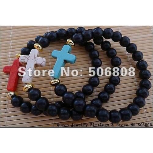 Black Stone With Mixed Color Cross Connector Bracelet, Handmade Stretch Beaded Jewelry Bracelets 15PCS/LOT
