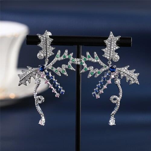 EYER Trendy Maple Leaf Shaped Asymmetrical Stud Drop Zirconia Earrings Fashion Jewelry Wholesale Plant Earrings With Green Stone