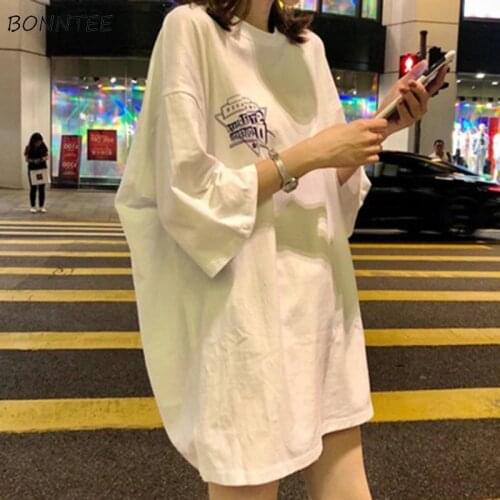 T-shirts Women Half Sleeve O-Neck Lengthen Loose Streetwear Letter Printing Chic Summer Clothing Harajuku Soft Thin All-match