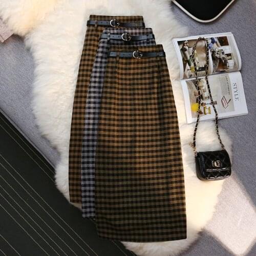 Plaid Long Split Korean Fashion Style Summer Autumn Skirts For Vintage Kawaii WomenS 2021 Clothes High-Waisted Skirt Harajuku
