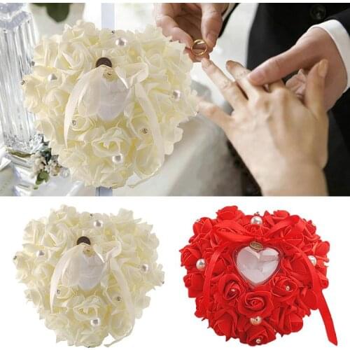Wedding Ring Box Pearl Decor Ring Pillow Heart Shape Romantic Rose Engagement Ring Box Ring Holder Boxs Jewelry Ring Display