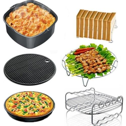 Square Basket Quality Air Fryer Accessories 6pcs/set 7 Inch Air Frying Pan Accessories Fryer Baking Basket Pizza Plate Mat Tools
