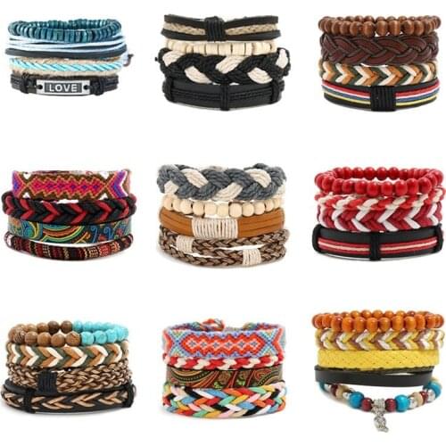 MixMax 1 Set Mens Womens Handmade Retro Woven Four-piece Bracelets Simple DIY Combination Leather Set Bangle Wristbands Jewelry