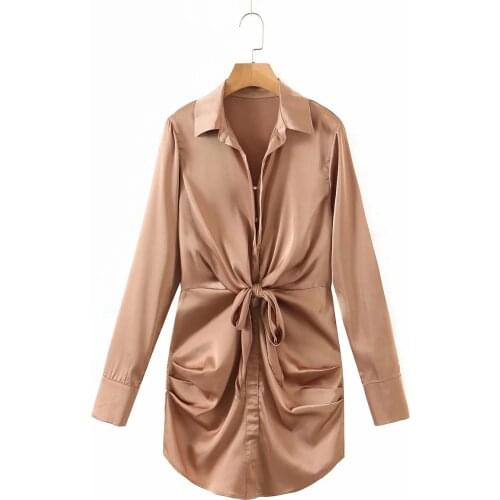 2021 Summer New European and American Tricolor Satin Shirt Pleated Long Sleeve Dress Long Sleeve DLQZ1568