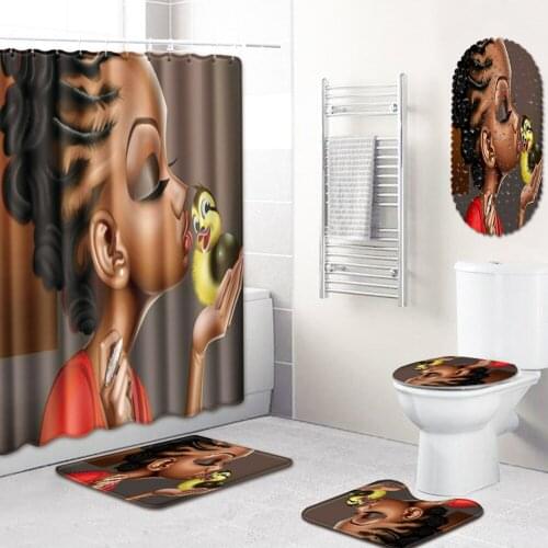 Carpet Bathroom Foot Pad African Woman Bath Mat and Shower Curtain Set PVC Toilet Toilet Seat Covers Home Decor 5Pcs/Set