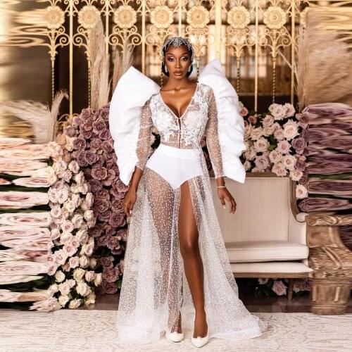 Sexy See ThroughTulle Dresses For Women Puffy Long Sleeves V Neck Tulle Robes Formal Birthday Robes Photo Shoot Front Split