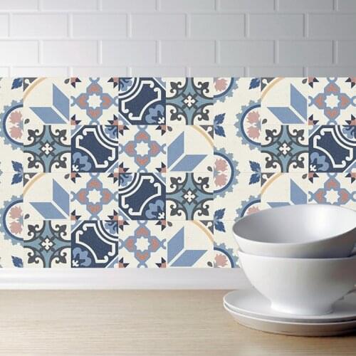 Retro Blue Tile Stickers Kitchen PVC Waterproof Wall Stickers Bathroom Self Adhesive DIY Sofa Wall Art Mural