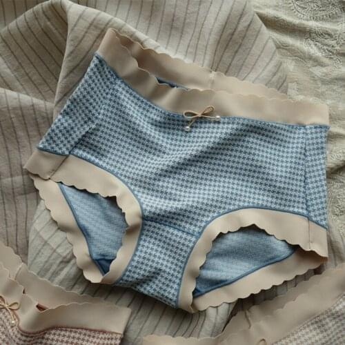 Retro plaid modal cotton panties womens mid-waist bag hip soft Q elastic underwear seamless wave edge cotton crotch briefs