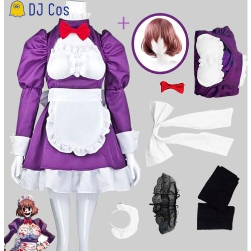 High Rise Invasion Anime Maid-fuku Kamen Cosplay Maid Costume Brown Wig Outfit Purple Suit Socks Headwear Party Girl Women