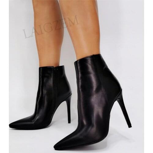 DOBANER SUPER Women Ankle Boots Side Zip Faux Leather Thin High Heels Booties Handmade Black Shoes Woman Plus Size 43 44 46 47