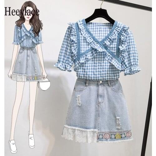 Summer 2 pieces skirt sets for women Sweet plaid blouse tops and lace patchwork embroidery denim skirt suits women 2 pieces set