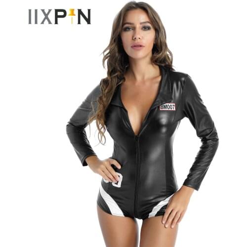 Women Pole Dace Rave Bodycon Bodysuit Faux Leather See Through Mesh Catsuit Back Long Sleeve Deep V Neck Zipper Leotard Jumpsuit