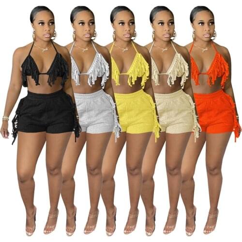 Adogirl Women Set Sexy 2 Piece Outfits Summer Fringed Bikini Top And Shorts Matching Sets Solid Beach Tracksuit 2021