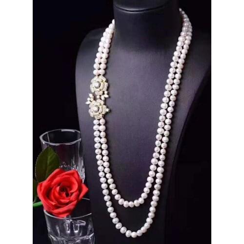 Womens jewelry 8-9mm 70-80cm micro inlaid zircon flower accessories white freshwater pearl necklace long sweater chain