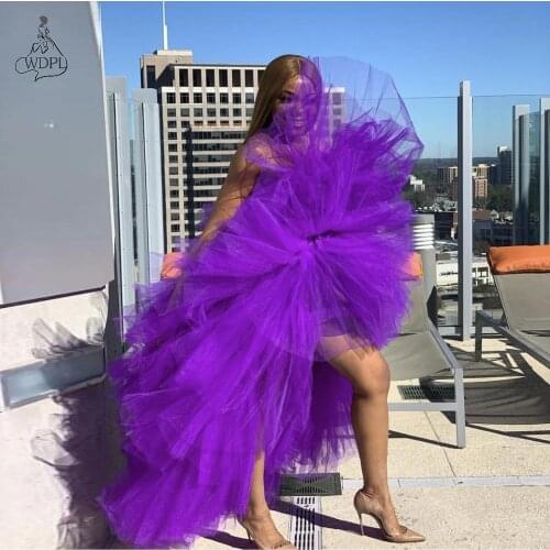 Purple High Low Ruffled Tulle Dress Women Long Tutu Skirts Tiered Ruffle Prom Dresses Puffy Tulle Party Night Gowns Custom Made