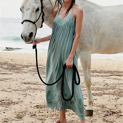 Embroidery Strap Maxi Dress Women Vintage Chic V-neck Sleeveless White Rayon Floral Dresses Summer Casual Loose Beach Sexy Dress