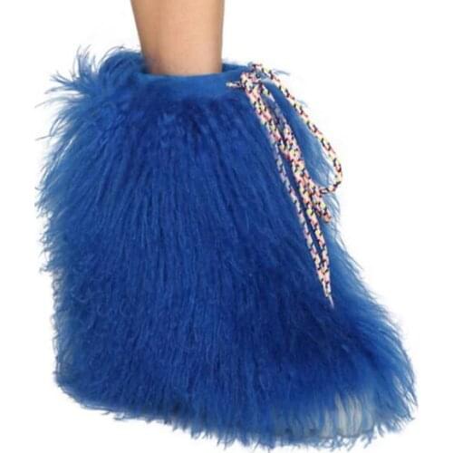 Winter Warming Woman Fashion Blue Wool Fur Snow Boots Thick Platform Round Toe Height Increasing Wedge Lace Up Short Boots