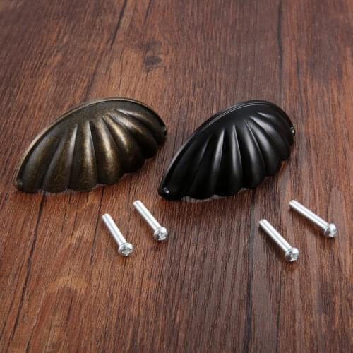 1pc Alloy Shell Shape Handle Semicircle Pull 64mm Kitchen Drawer Cabinet Door Furniture Knob Flower Antique Bronze/Black w/screw