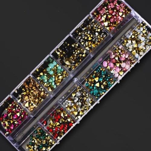 12Grids#PH38 Multicolor Mixing Nail Art Flat Pearl Nail Stones Irregular Rhinestone Decoration DIY Craft Diamond/Alloy/Pearl Set