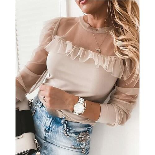 2021 Fashion Women Long Sleeve T Shirts Ladies Pullovers Tee Top Lace Floral Splicing Casual Mesh Sleeve Autumn Spring Clothes