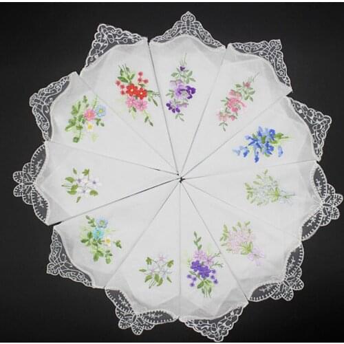5 Pack Women Ladies Cotton Handkerchiefs Floral Embroidered with Lace Butterfly Edge