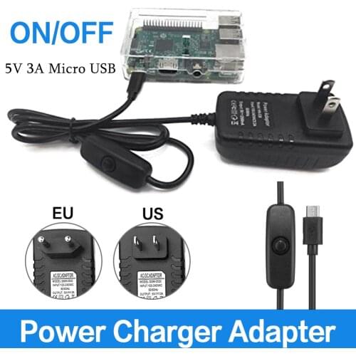 AC 100-240V DC 5V 3A Power Supply Switch Button Power Adapter Charger Micro USB Port 5 V Volt for Raspberry Pi 3 Model B+ plus